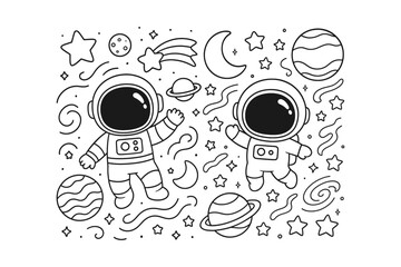 A simple black and white line art drawing featuring two cute astronauts floating among various planets and sparkling celestial stars © BWKit