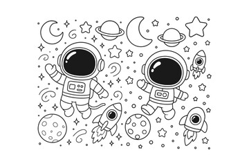 Cute cartoon astronauts floating in outer space with rockets planets and stars in a simple black and white outline style © BWKit