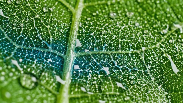 Closeup of a vibrant green leaf with detailed vein structure and water droplets