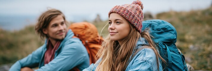Fototapeta premium Two hikers resting on a hillside with backpacks and knit hat overlooking a landscape for travel banner and outdoor background