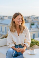 Obraz premium Young woman smiling on a rooftop terrace with coffee and smartphone for lifestyle banner and social media background
