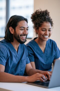 Two healthcare workers in blue scrubs collaborating at a laptop for clinical training and team education, smiling colleagues for medical learning and practice background