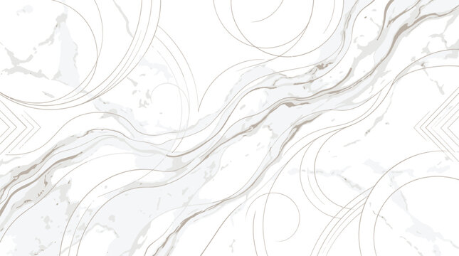 Elegant white marble texture background featuring intricate thin gold lines and soft grey curved swirls