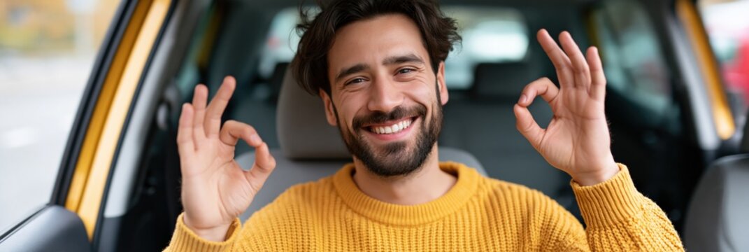 Smiling man in car showing ok gesture for driving service banner and customer testimonial background