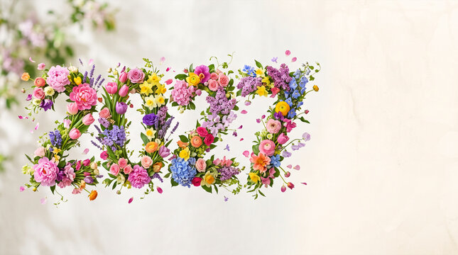 Number 2023 crafted from vibrant spring flowers on a light background