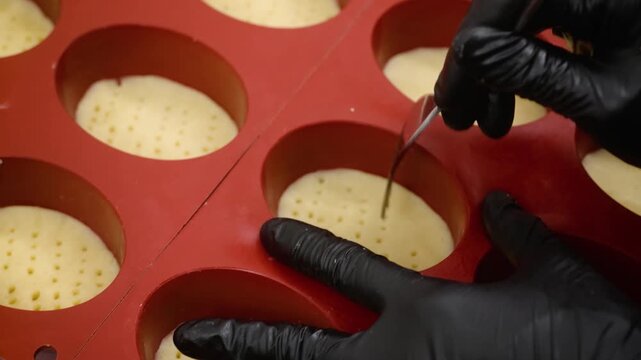 Close-up footage of a pastry chef's hands in black gloves carefully placing and pressing dough into a red silicone baking mold to create mini dessert pies or tartlets. The pastry features a docked tex