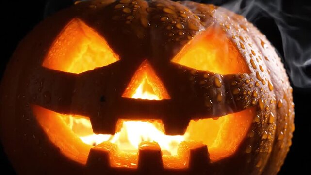 Halloween pumpkin with carved face glowing from inside on dark background
