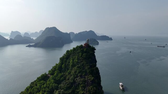 Aerial images of Ha Long Bay in Vietnam, cruise ships and mountains, 4k 30fps 1 inch sensor, drone images