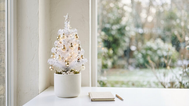 Small white Christmas tree on bright desk with notebook and pen by snowy window