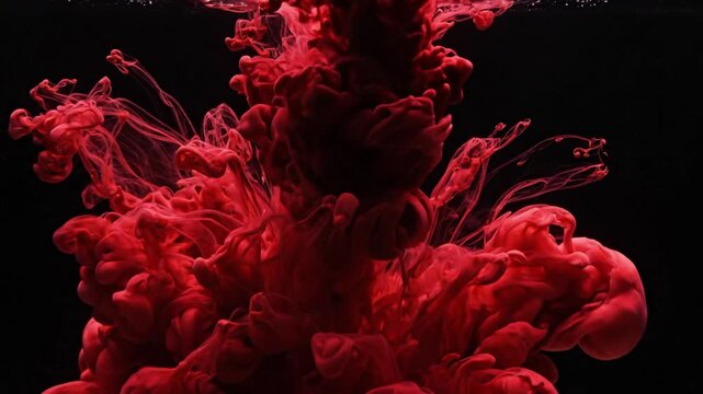 Abstract red ink cloud swirling underwater creating intricate shapes and textures