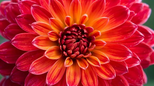 Vibrant red and orange dahlia flower blooms in a series of close-up frames, showcasing intricate petal details and natural beauty in a lush green garden setting