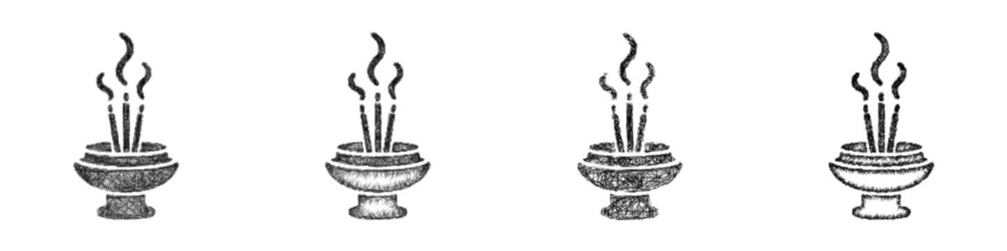 Monochrome sketch incense burner icon design set