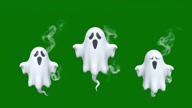 Three cartoon ghost figures floating with spooky expressions on a vibrant green background