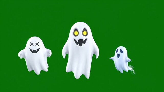 Set of three playful cartoon ghost decorations with spooky expressions on green background