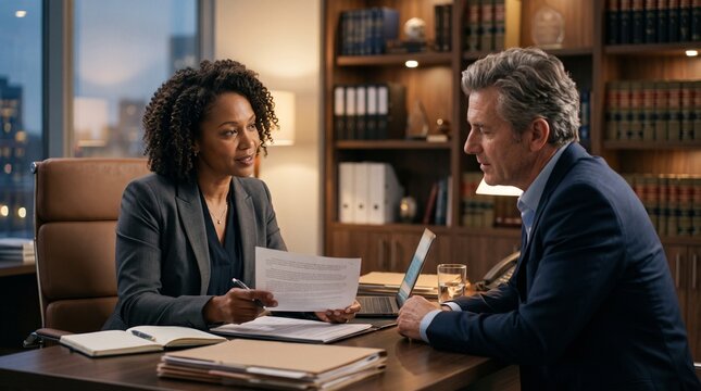 experienced attorney lawyer discussing case with client in office environment legal concept
