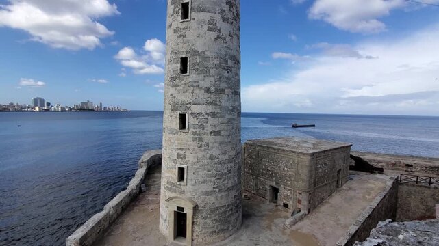 High angle view of the stone lighthouse at Morro Castle with the blue sea and Havana city skyline under a blue sky in Cuba