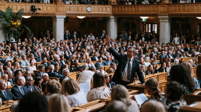 Delegate Raising Hand During Parliamentary Session in Historic Legislative Chamber