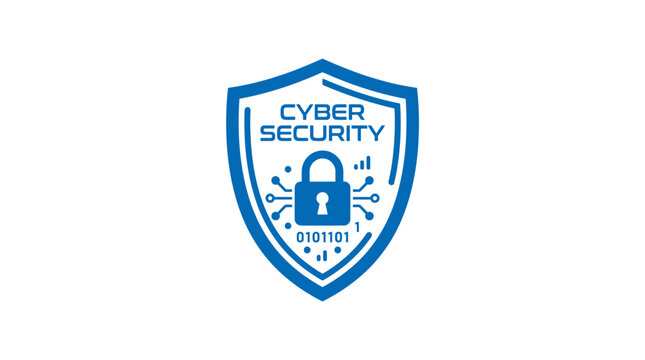 A blue shield with a padlock and binary code represents cyber security on a white background with a graphic design.