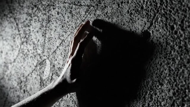 Silhouette of a person touching their head against textured wall with dramatic lighting