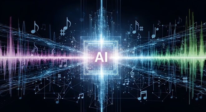 Digital illustration of artificial intelligence concept featuring glowing neon letters AI surrounded by musical notes and futuristic light trails on a dark background.