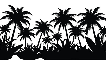Fototapeta premium Palm trees create a tropical forest border in this black silhouette illustration that offers a clean white background for creative design projects requiring exotic nature motifs and botanical themes.