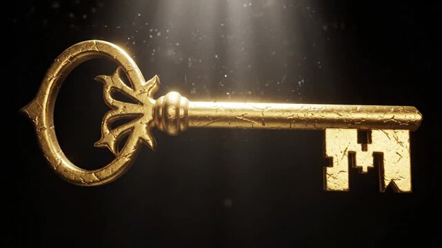 Golden antique key with ornate design and intricate details illuminated by spotlight