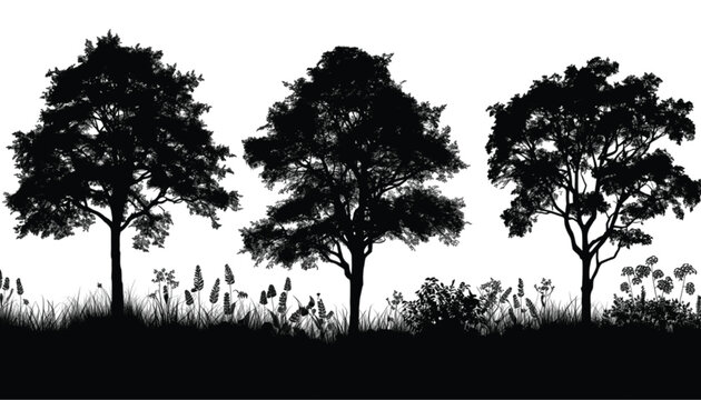 Trees featuring dense leafy canopies grow above a base layer of wildflowers and grasses to offer a balanced composition for designers seeking a natural border or illustrative element for projects.