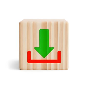 Wooden cube with a bright green downward-pointing arrow symbolizing decline or reduction on a plain background.