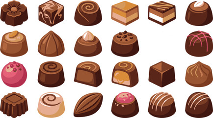 Fototapeta premium Assorted Gourmet Chocolate Pralines and Luxury Truffles Vector Icons Set
