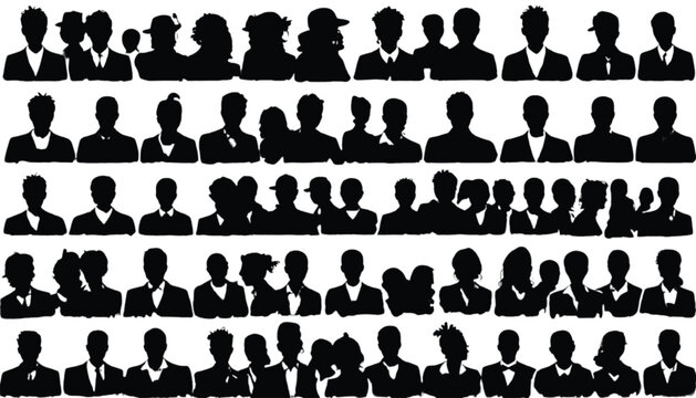 People silhouettes arranged in a structured grid represent a diverse collection of human profiles for professional corporate branding and organizational communication design projects which require.