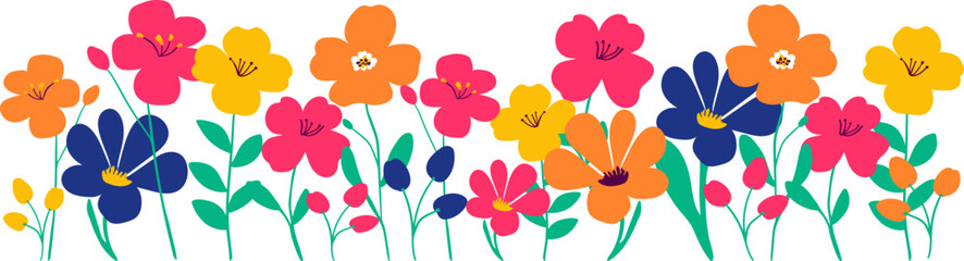 summer flowers horizontal border with hand drawn vibrant blossom line isolated on white background for greeting card decor © pani_Nadichka