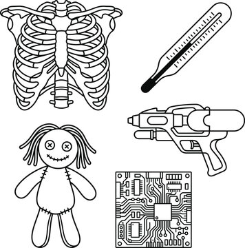 Medical and tech doodle collection ribcage thermometer doll circuit