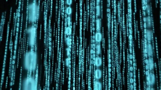Digital binary code streaming down in a futuristic matrix style with glowing blue numbers
