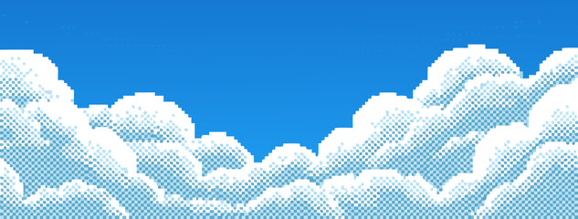 Pixel clouds drift across a starry night sky with faint dots indicating a distant plane trail © NB_Visual_Work