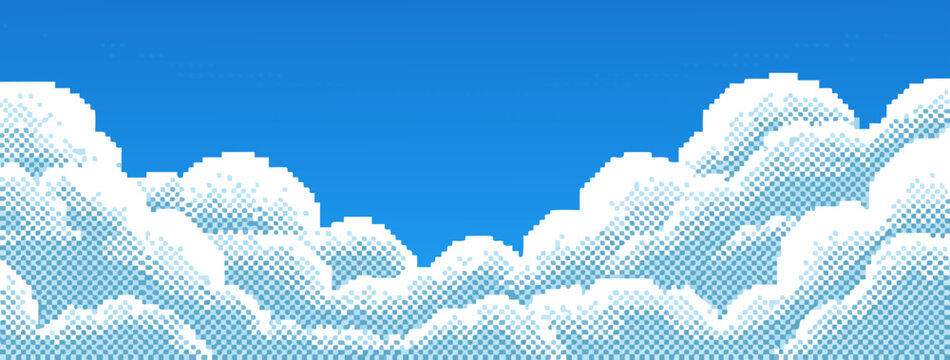 Pixel clouds drift across a starry night sky with faint dots indicating a distant plane trail