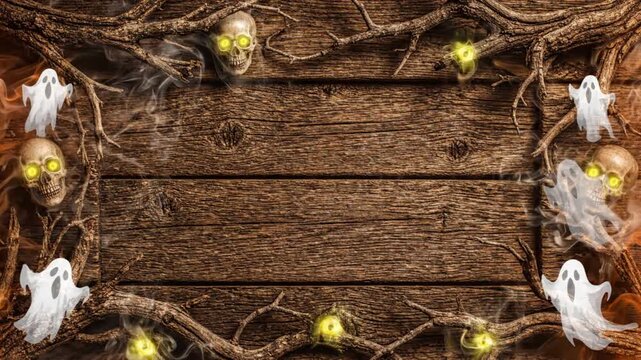 Spooky halloween themed background with skulls, ghosts, and twisted branches on dark wooden surface