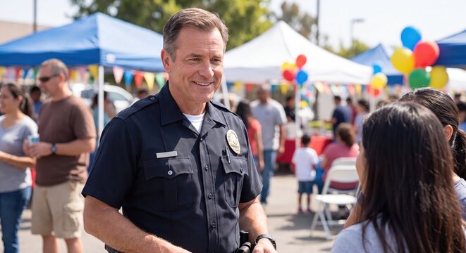 Friendly police officer interacting with community members at a sunny outdoor festival with colorful balloons and tents.