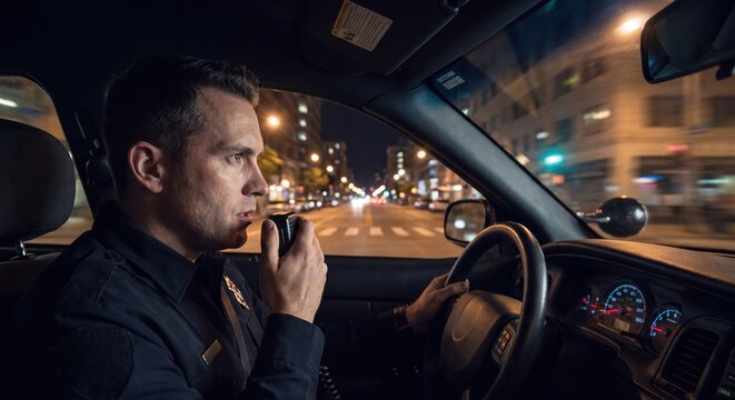 Police officer driving a patrol car at night, communicating on a radio in a city street with blurred lights.