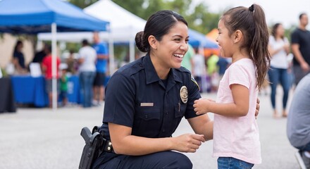 Naklejka premium Friendly police officer interacting with a young girl at an outdoor community event, showing kindness and building trust.