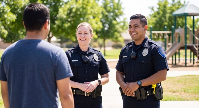 Two smiling police officers in uniform interacting with a civilian in a park setting.