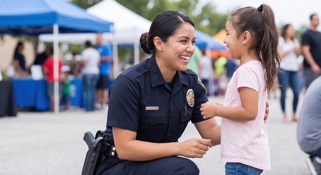 Friendly police officer interacting with a young girl at an outdoor community event, showing kindness and building trust.