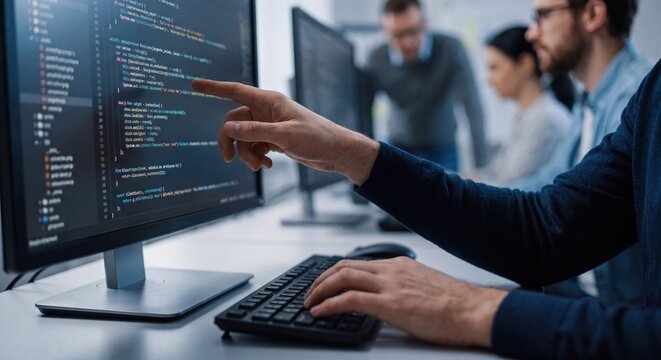 Team of developers collaborating on computer code, pointing at screen, working in modern office environment.