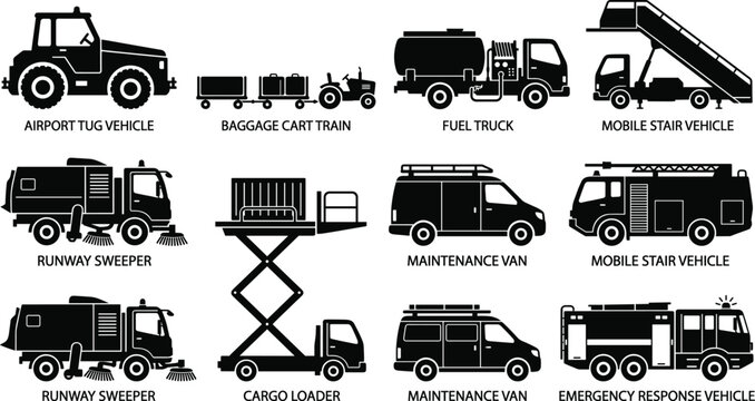 Airport Ground Support Vehicle Silhouette Collection Vector Illustration