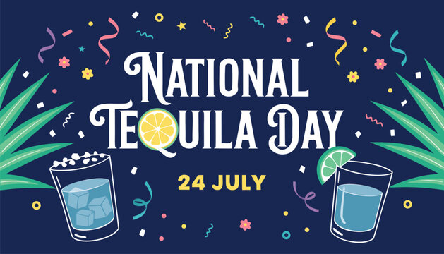 Festive illustration celebrating national tequila day with cocktails and confetti