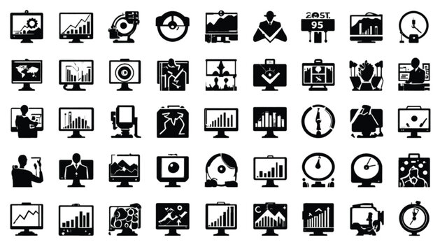 Icons representing financial data analysis and digital monitoring systems are organized in a grid format to provide a comprehensive visual library for professional web design and corporate reporting.