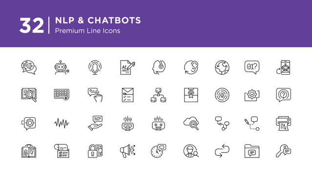 Collection of thirty two premium line icons representing natural language processing and modern intelligent chatbot technology