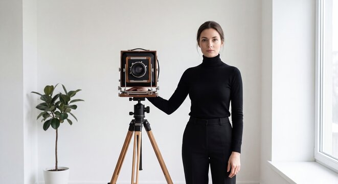 Elegant woman in black turtleneck and pants posing with a vintage large format camera on a tripod.