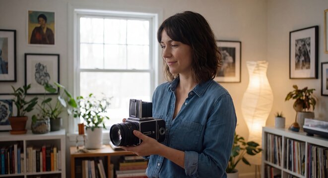 A woman in a denim shirt holding a vintage medium format camera in a cozy room with plants and books.