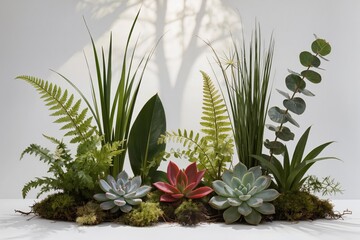 Fototapeta premium Composition végétale avec fougères, succulentes, mousses, feuilles et plantes tropicales sur fond blanc, décoration botanique naturelle et minimaliste