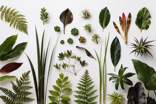 Collection de feuilles, foug&egrave;res, plantes grasses et tillandsias dispos&eacute;s &agrave; plat sur fond blanc, composition botanique minimaliste et v&eacute;g&eacute;tale